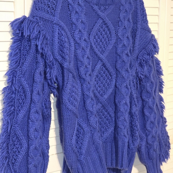 Fantastic Fawn Chunky Fringe Cable Knit Sweater | Royal Blue | Size Small NWOT - Picture 4 of 5